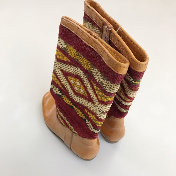 VINTAGE Moroccan Kilim Woven Wool Leather Boots SZ 37 Boho Gypsy Handmade - Picture 6 of 15